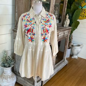 ROJA FLAX BLEND EMBROIDERED 3/4 SLEEVE BUTTON DOWN BLOUSE MEDIUM EXCELLENT